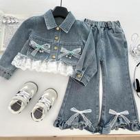 Girls' Korean-Style Lace Denim Jacket & Micro Flare Jeans Set for Spring Autumn 90cm