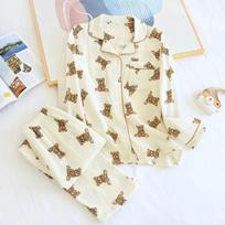 Women's Long Sleeve Trousers Cotton Crepe Pajamas Double Gauze Home Clothes Bear Print Breathable Home Clothes 2 Piece Pijamas M