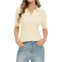 Women's Cable Knit V Neck Short Sleeve Sweater Top Collared Pullover Lightweight Soft Knitwear S smėlis