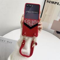 Applicable to Samsung ZFlip7 splicing rhinestone mink hair mobile phone case ZFlip6 portable lanyard folding screen protective case samsung zflip7 raudona