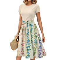 Women's Short Sleeve Floral Print Midi Dress, Casual Summer A-Line Dress with Belt, Elegant Soft Sundress S