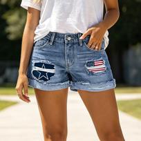 Women’s Mid Rise Denim Shorts Distressed Patchwork Design Casual Vintage Three Jean Shorts with Hem L