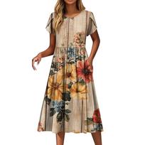 Women's Floral Print Casual Midi Dress with Pockets Short Sleeve Summer Sundress for Everyday Wear S
