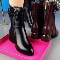 Women's Boots Winter New Style Pointed Toe Mid-Calf Boots Plush Warm Bowknot Zipper High Heel Motorcycle Boots Booties for Women 35