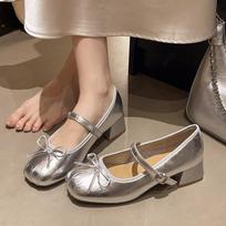 2025 New Butterfly-knot Mid Heel Mary Janes Square Heel Shallow Ladies Shoes on Sale Fashion Spring Autumn Solid Dress Pumps 35