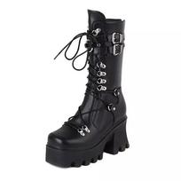 Women's Boots Cosplay Mid-calf Boots Rivet Buckle Female Wedges Shoes Fashion New Punk Chunky Shoes Designer Gothic Women Shoes 35