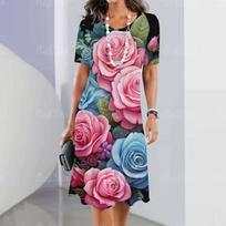 women 3d print short sleeve midi dress plus size holiday beach dresses S