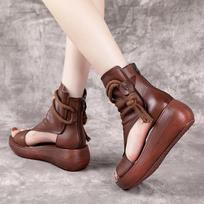 Vintage PU Leather Mid Wedge Heel Roman Sandal Boots for Women Fashion Summer Casual Outdoor Walking Ladies Footwear 34