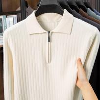 Men's Mid-Aged Half-Zip Knit Polo Shirt - Thick Solid Color Sweater for Autumn and Winter Large