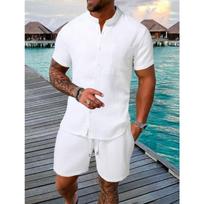 Men's White Waffle Knit 2-Piece Set Mandarin Collar Shirt & Shorts Beach Outfit S balta