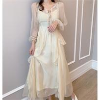 Spring/Summer 2026 Mori-kei Ethereal Mid-Length Waist-Cinched Elegant Long-Sleeved Dress for Women Small