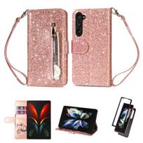 Suitable for Samsung Z Fold 5 mobile phone leather case Z fold4 glitter zipper wallet insert card holder protective case Z Fold 5