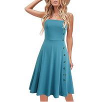 Women’s Sleeveless Square Neck A Line Button Midi Dress Casual Fit Flare Sundress for Daily Wear M