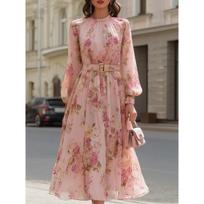 Women's High Neck Long Sleeve Floral Print Midi Dress High Waist Belted Elegant Casual Dress S