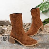 Stylish Mid-Tube Boots Women's Winter Pointed Toe Suede Embroidered Side Zip Anti-Slip Wear-Resistant Block Heel Western Boots 36