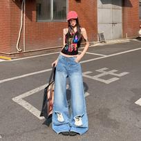 Spring Summer Sweet Street Hide Hip Lazy Ripped Wide Leg Denim Pants For Ladies Casual Pants Oversize Denim Trousers XS