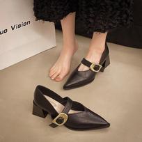 2024 Retro Women's High-Heeled Shoes Fashion Mid Heel Pointed Toe Party Pumps Women Soft Leather Mary Jane Shoes Size 35-41 35