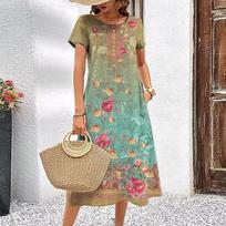 Elegant Women Short Sleeve Fashion 3d Print Midi Dress Plus Size Beach Clothing S