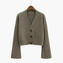 Cardigan Autumn Long Flare Sleeve Short Sweater Women Ribbed Knitted Cotton Tops Black White Ladies Soft Outwear Female One Size žalia