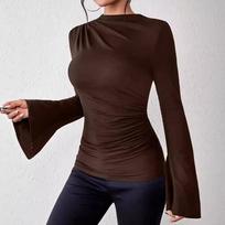 Women's Autumn-Winter Pleated Base Layer Top with Flare Sleeves and Half High Neck Extra Small