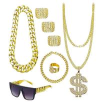 80s 90s Outfit Hip Hop Costume Kit Necklace Rings Sunglasses Cool Rapper Accessories Halloween Cosplay Costume Gifts 1