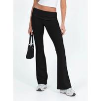 Women's Mid Waist Fold Over Flare Pants High Elastic Solid Color Casual Bootcut Pants XS juoda