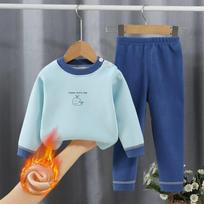 Children's Thermal Underwear German Velvet Autumn and Winter Plus Velvet Thickened Suit Boys and Girls Autumn Clothes Long Trousers Pajamas 170 mėlyna