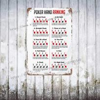 Laiminčių pokerio kombinacijų reitingų lentelės plakatas Senovinis skardinis ženklas Metalo ženklas Dekoratyvinė plokštelė barui, vyriškam kampeliui, klubui Sienos dekoracija 20x30cm（7.8x11.8inch）