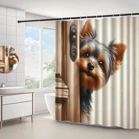 Cute Yorkie Dog Shower Curtain Dog Peeking from Door Cartoon Art Pet Lover Decor Waterproof Fabric Bath Curtain Set Home Style 90x180CM