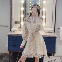 Spring Self Portrait Runway Dress Hollow Lantern Sleeves Embroidered Lace Party Dress S smėlis