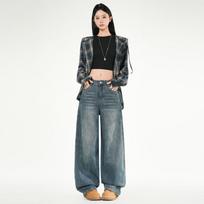 Spring Summer Street Style Relaxed Straight Saber Cut Denim Pants For Ladies Casual Pants Oversize Denim Trousers XS
