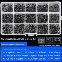 Black 304 Stainless Steel Screw and Bolt Set with Phillips Pan, Flat, Countersunk Heads - M3, M4, M5 Sizes