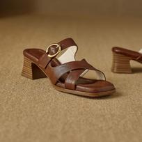 Krazing Pot Cow Skin Mules Thick Heels Peep Toe Summer Size 42 Brand Shoes high quality Slip on Elegant Women Sandals 34 ruda