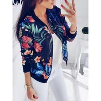 Moteriška striukė Madinga Moteriška Retro gėlėta striukė su užtrauktuku Bomber Laisvalaikio paltai Pavasario spaudos viršutiniai drabužiai Didelio dydžio M tamsiai mėlyna spalva