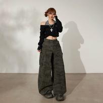 Autumn Winter Vintage Camo Saber Cut Relaxed Wide Leg Cargo Drape Denim Pants Women Casual Pants Oversize Denim Trousers XS