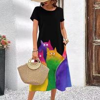 Elegant Women Short Sleeve Fashion 3d Print Midi Dress Plus Size Beach Clothing S