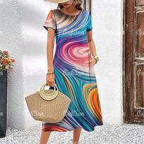 women elegant short sleeve 3d print midi beach dress dailywear summer t shirt dresses S