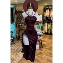 Women's Spaghetti Strap Satin Bodycon Midi Dress High Waist Ruffle Slit Solid Color Party Cocktail Dress XS