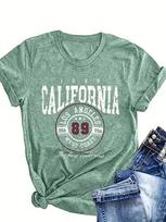 Crew Neck Short Sleeve Retro American Style California Los Angeles 89 Letter Print T Shirt Women's Outfits Casual Streetwear XXS