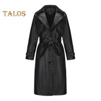 Fall Winter Women Coat Faux Leather Mid Length Pure Color Lace Up Belted Waist Button Down Turn Down Collar Windproof Outdoor Shopping Jacket M