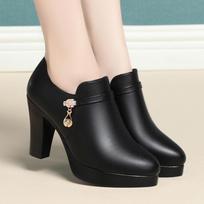 High Heels9cm New Mid Heeled Leather Shoes for Women's Singles Coarse Heels Daily Black Thick Soled Soft Leather Shoes for Women 34