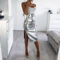 Women Fashion Slim High Waist Push up Hip Bright Leather Fork Skirt L sidabras