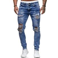 Vyriškos mados džinsinio audinio kelnės „Distressed“ džinsai, ilgos pieštuko kelnės „Streetwear“. M šviesiai mėlyna spalva