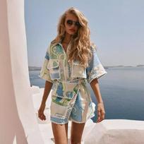 Fashion Printed Ruffle 2 Piece Set Women Summer Casual Patchwork Holiday Trendy Pocket Button Tops and Mini Skirt Two Piece Sets XS smėlis