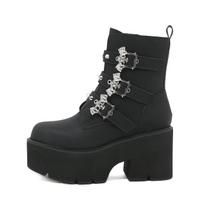 Women's Platform Goth Fashion Mid Calf Boots Punk Motorcycle Chunky High Heeled Shoes Women Leather Black Bat Buckle Ankle Botas 35
