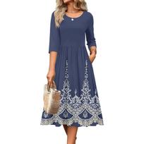 Womens Midi Dress A Line Midi Dress 3/4 Sleeve Dress for Women Floral Midi Dress Midi D for Various Occasions L