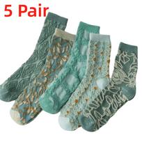 5 Pairs Vintage Japanese Floral Textured Socks Mid Calf Boho Ethnic 3D Embroidery Stockings 3D Textured Stacked Socks Women One Size