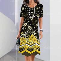 Elegant Women Short Sleeve Fashion 3d Print Midi Dress Plus Size Beach Clothing S