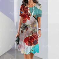 Elegant Women Short Sleeve Fashion 3d Print Midi Dress Plus Size Beach Clothing S
