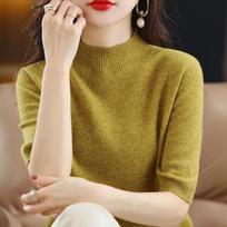 Women's Spring and Fall Half-high Neck Mid-sleeved Bottoming Shirt Knitted Five-minute Sleeve Thin Temperament Sweater 2XL